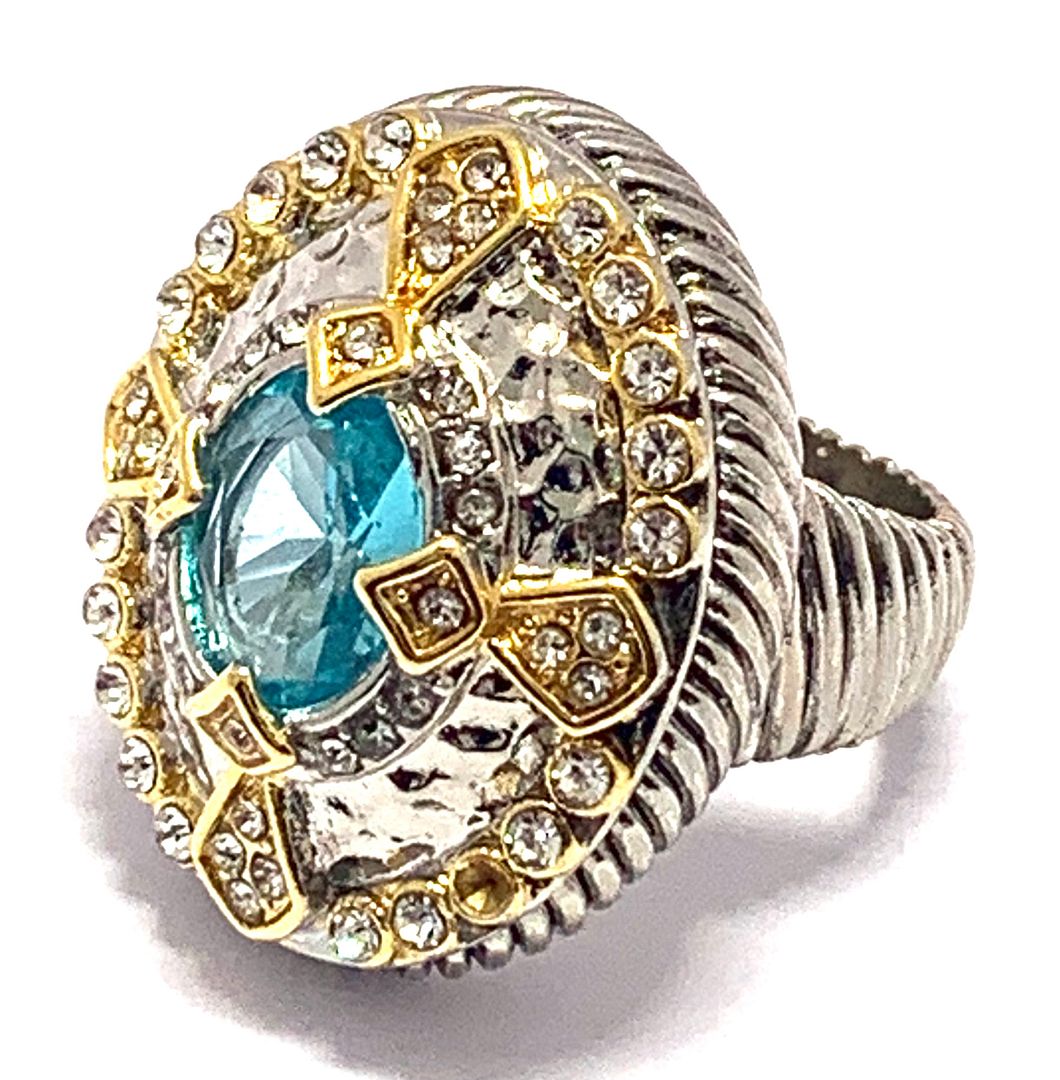Designer Inspired 18k White & Yellow Gold Overlay Blue Topaz & Diamonique Diamond Ring