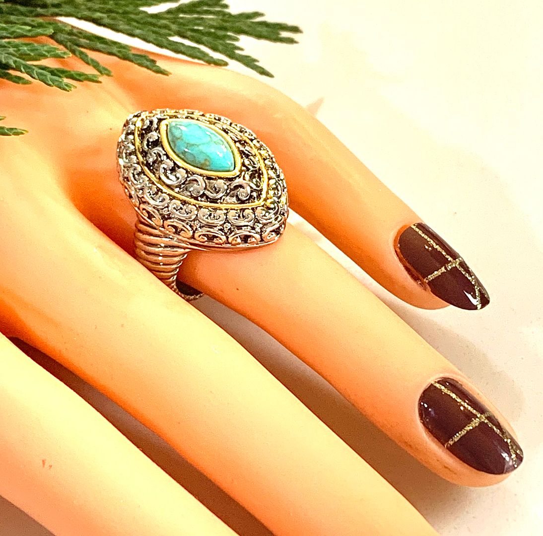 Designer Inspired 18k White & Yellow Gold Overlay Turquoise Ring