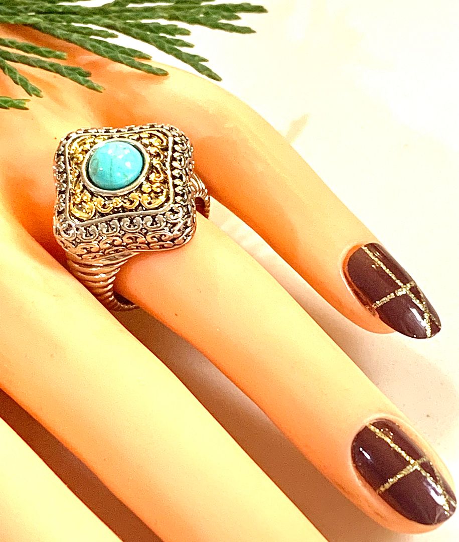 Designer Inspired 18k White & Yellow Gold Overlay Turquoise Ring