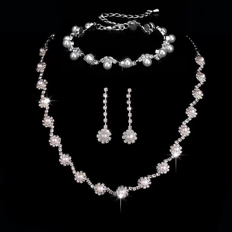 Designer Inspired 36 White Pearls & 12.00ctw CZ 18k Gold Overlay Necklace, Bracelet & Earrings Set