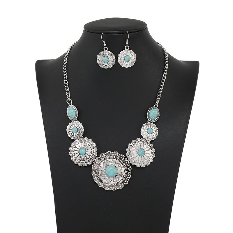 Designer Inspired 55.00ctw Turquoise & 18k Gold Overlay Large Necklace & Earrings Set