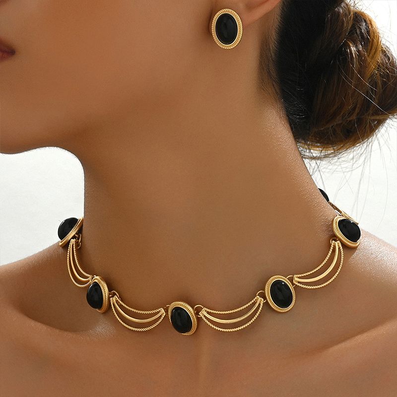 Designer Inspired 85.00ctw Onyx & 18k Gold Overlay Necklace & Earrings Set