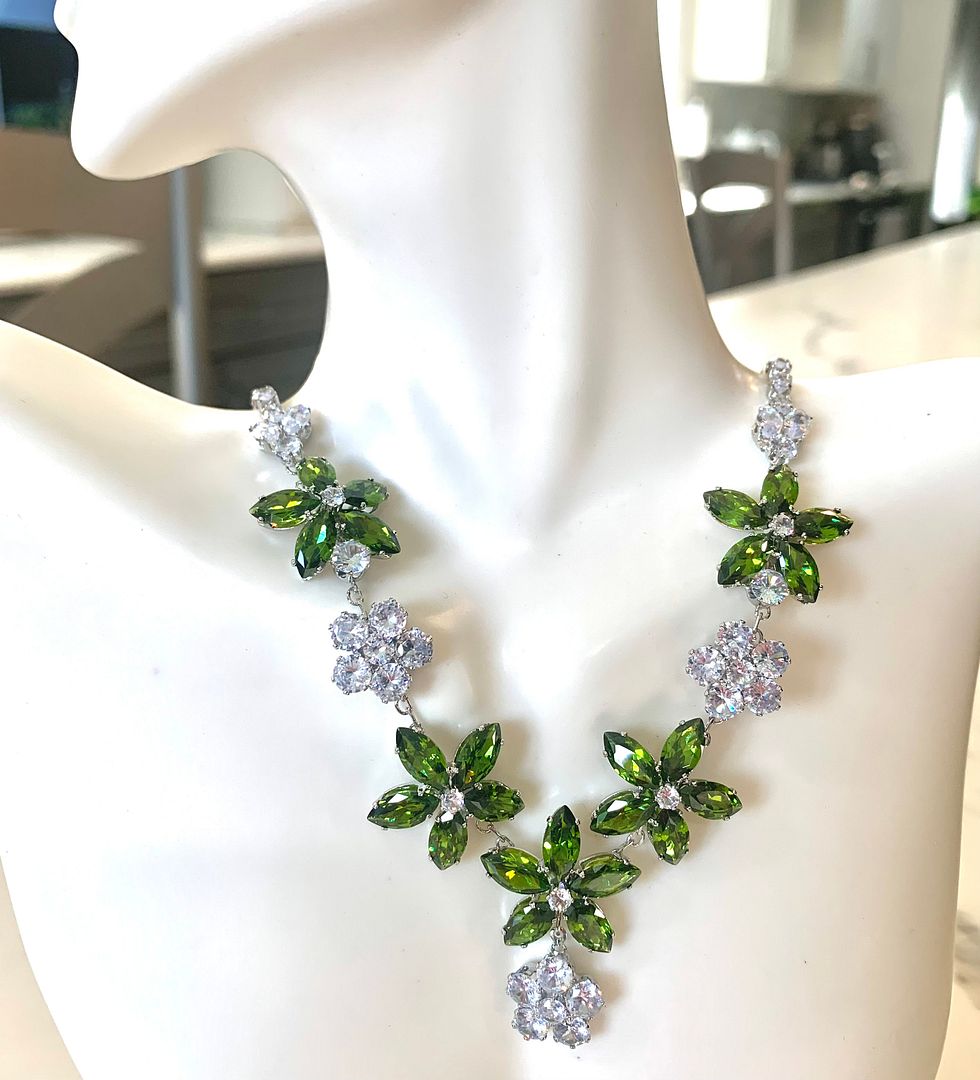 Designer Inspired 85.00ctw Peridot & CZ 18k White Gold Overlay Fancy Necklace 18” Long