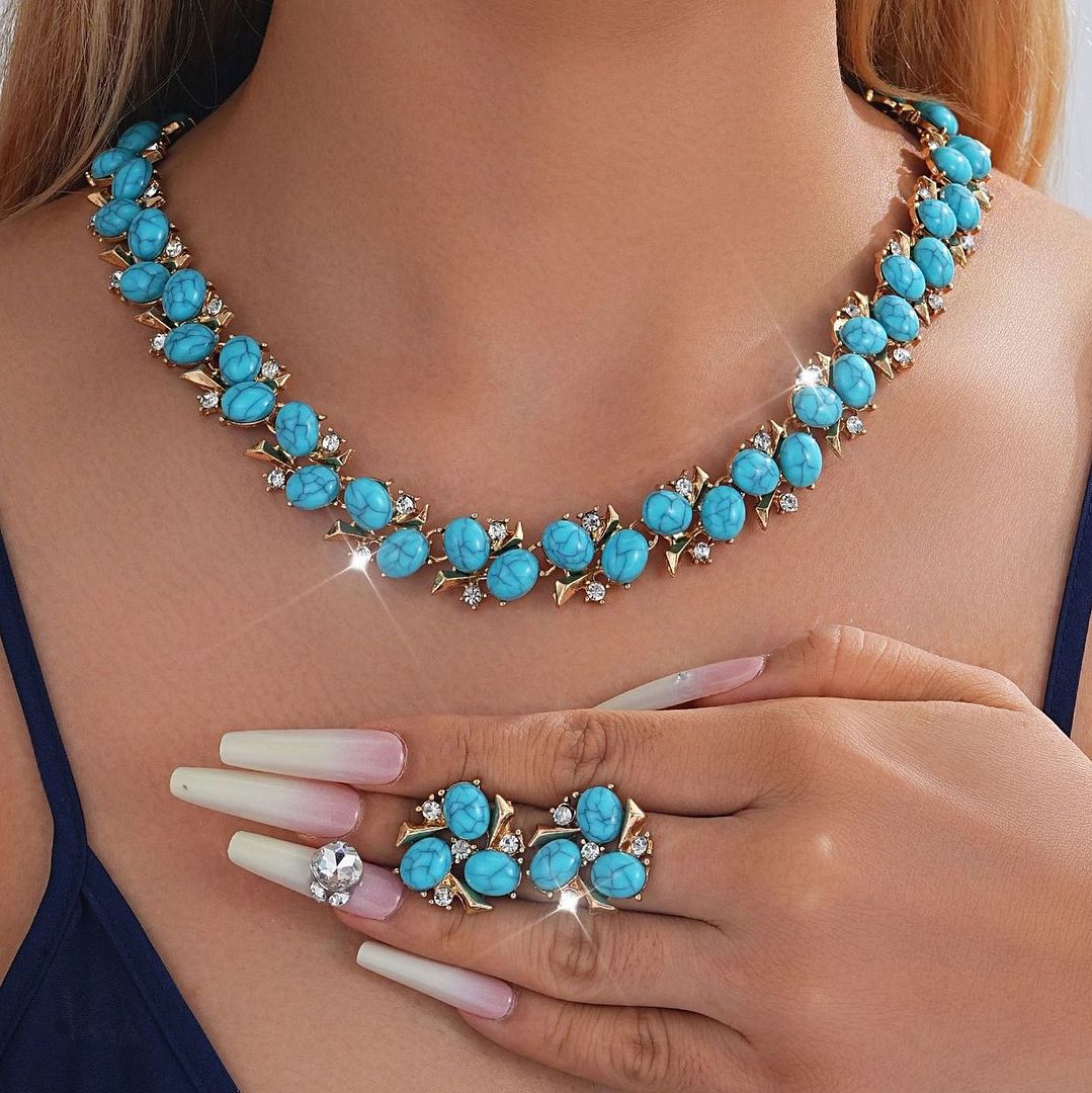 Designer Inspired 8.50ctw White Topaz & Turquoise 18k Gold Overlay Necklace & Earring Set