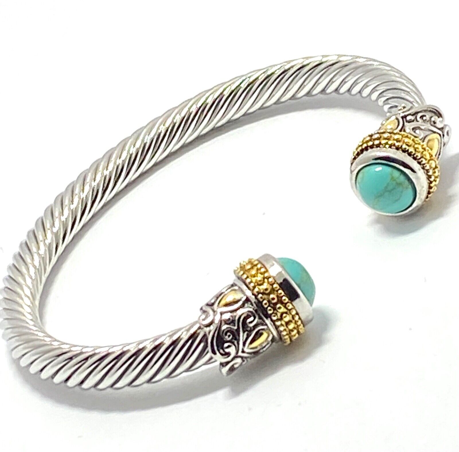 Designer Inspired Cable Cuff Bangle Turquoise Bracelet Two-Tone 14k ...