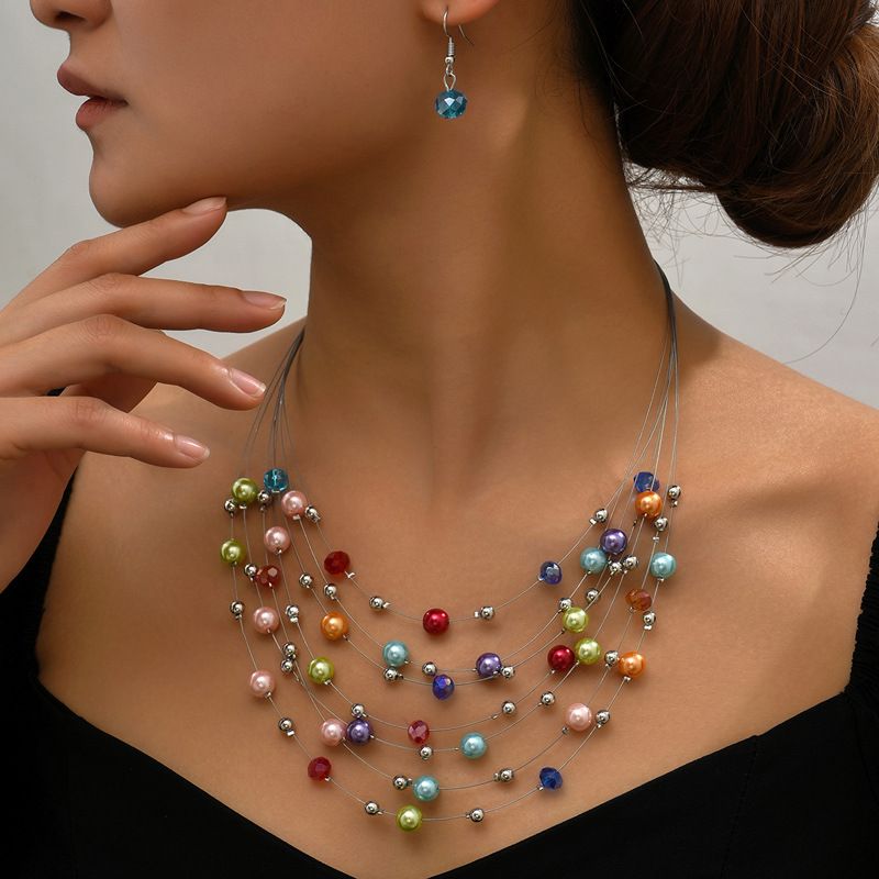 Designer Inspired  Multicolor Pearls & Stones 18k Gold Overlay  Necklace & Earring Set