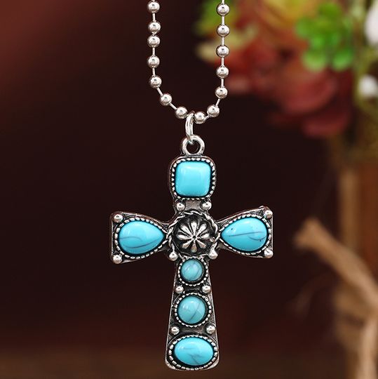Designer Inspired  Turquoise & 18k Gold Overlay Cross Necklace