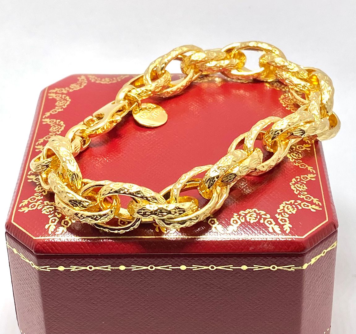 Men's 18K Gold Plated Link Bracelet - Wide Thick Carved Chain, Punk Rock Style Wristband
