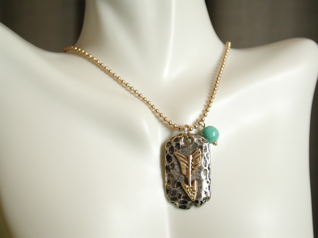 Fashion Boho Two Tone Arrow Pendant Turquoise Bead Gold Tone Ball Chain