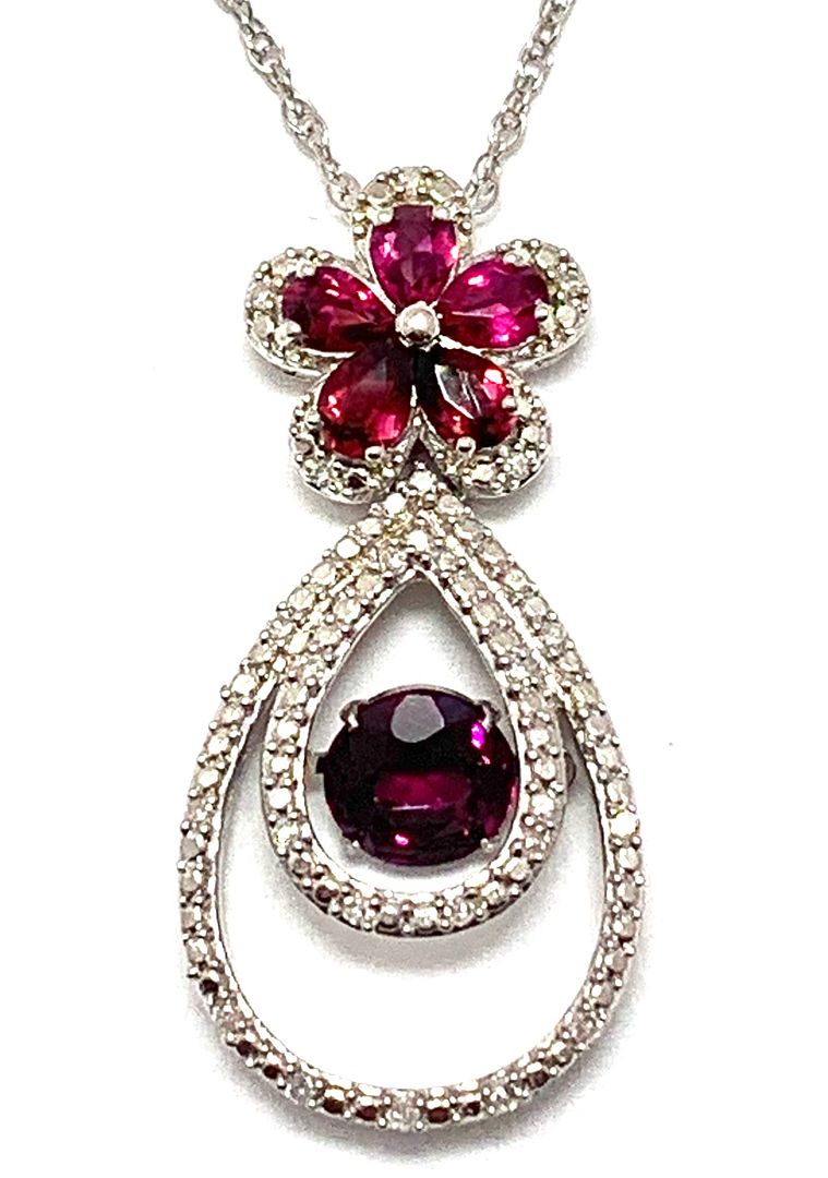 Genuine Diamond & Rhodolite,  925 Sterling Silver & 18k Gold Ovr Necklace