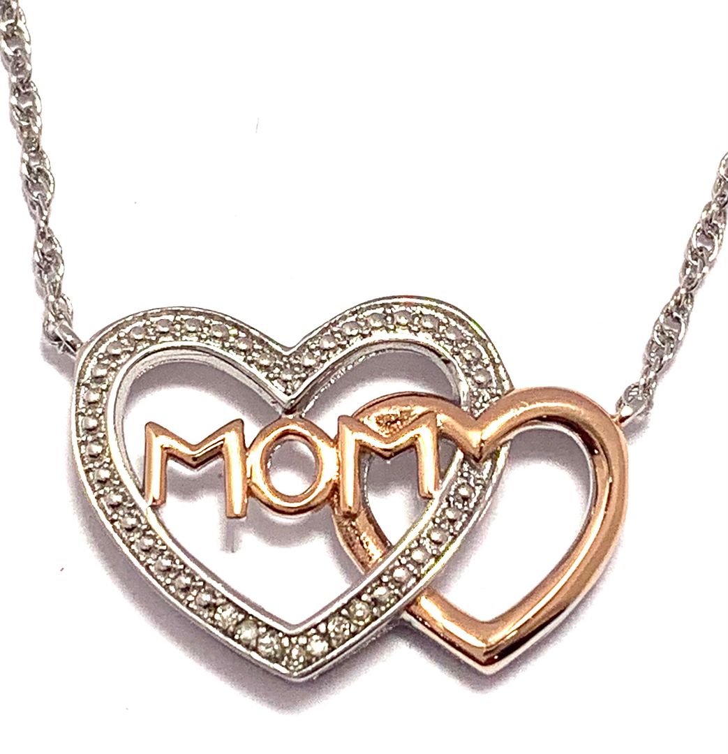 “MOM” Heart Necklace with 7 Genuine Diamonds in 18K Gold Overlay