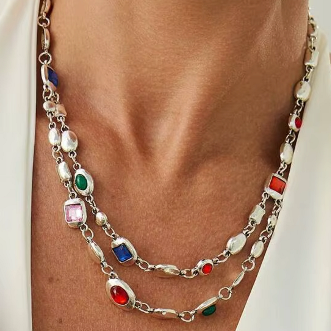 Multi-Gem & 18k White Gold Overlay Layering Necklace