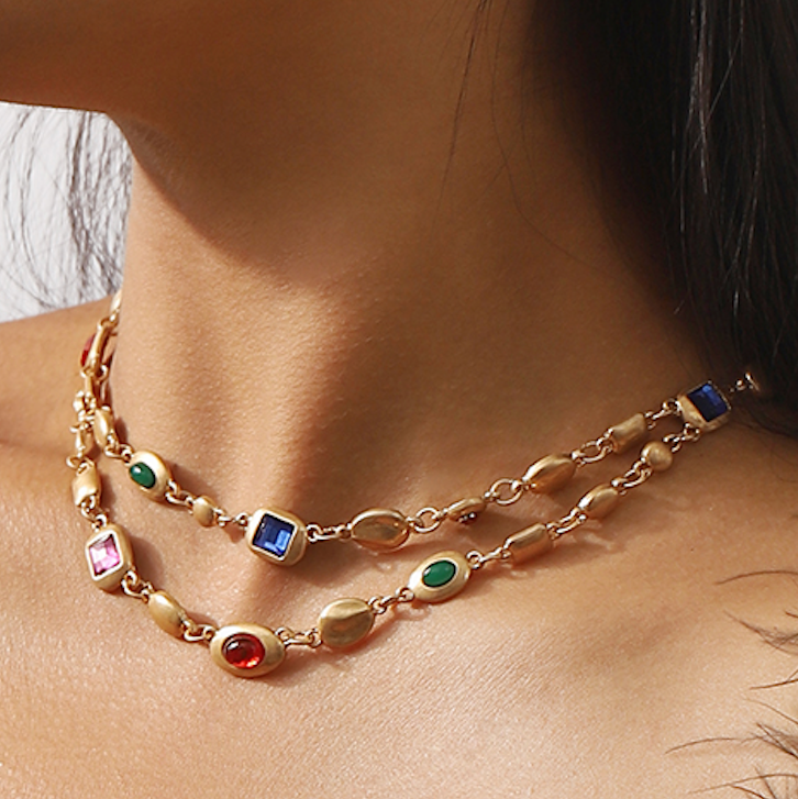 Multi-Gem & 18k Yelllow Gold Overlay Layering Necklace