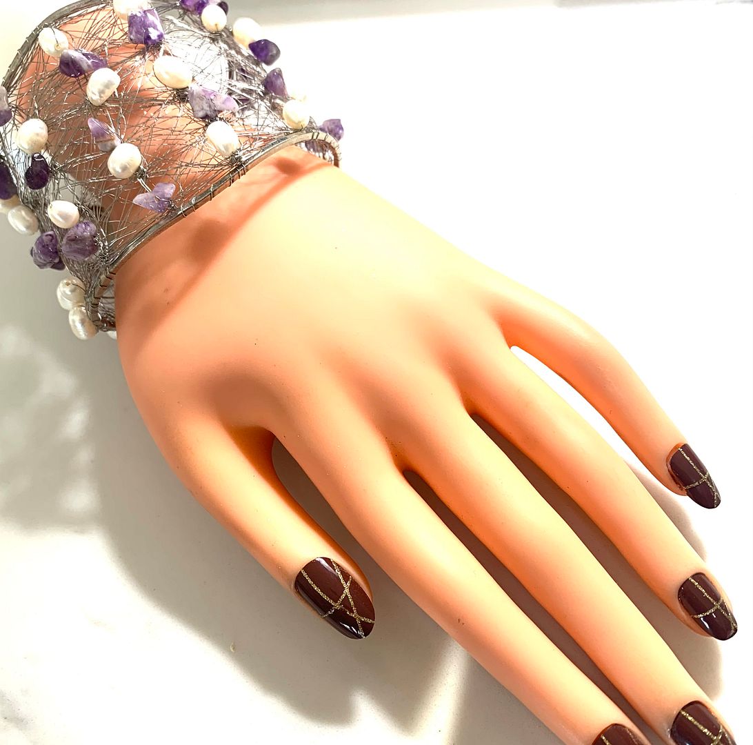 Nina Nguen Design 42 White Pearls & Amethyst Large Bangle Bracelet