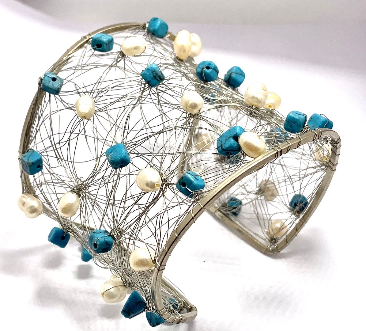 Nina Nguen Design 42 White Pearls & Turquoise Large Bangle Bracelet