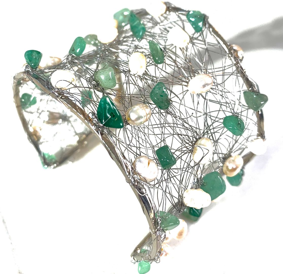 Nina Nguen Design 53 White Pearls & Emeralds Large Bangle Bracelet