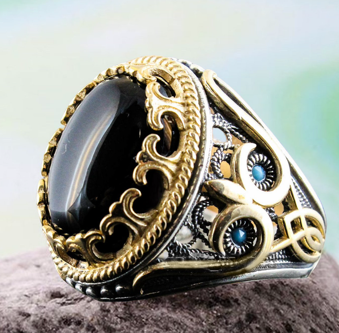 Owl Ring - 18k Gold Overlay 10.00ctw Black Onyx & Turquoise Unisex Ring Size 11