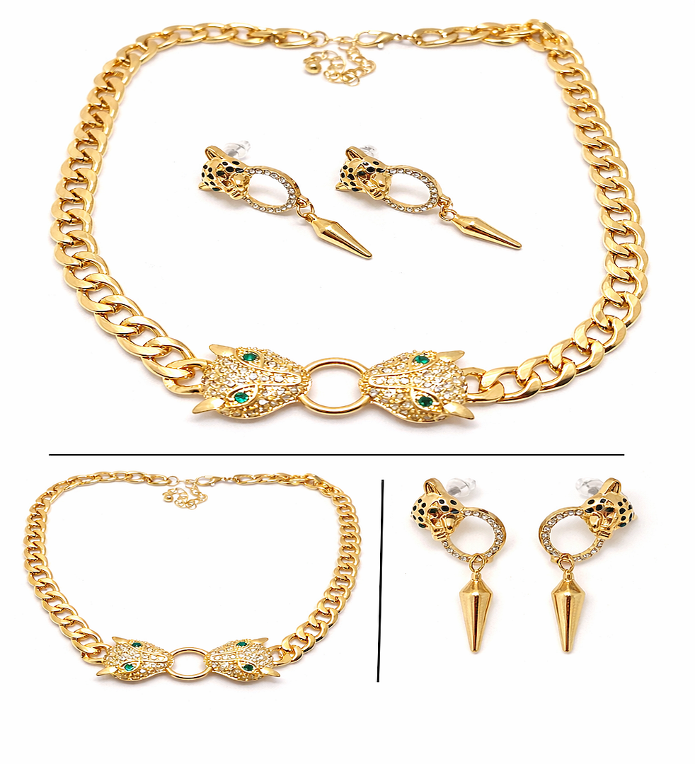 Panther Necklace & Earrings Set 18K Gold Overlay