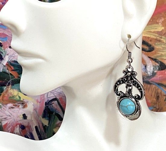 Pressed Turquoise Drop Dangle Earrings Lead-Free Brass 1 7/8" – 9.3g