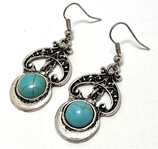 Pressed Turquoise Drop Dangle Earrings Lead-Free Brass 1 7/8" – 9.3g