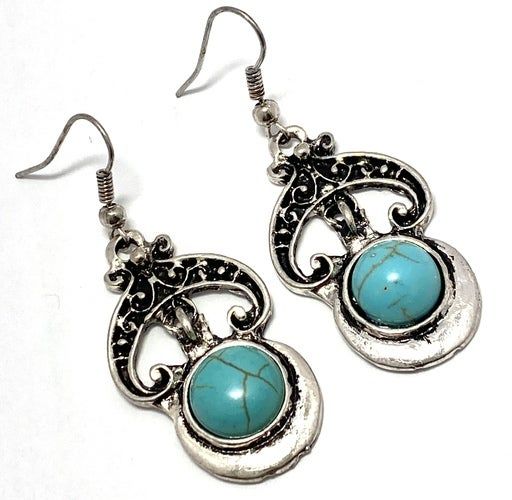 Pressed Turquoise Drop Dangle Earrings Lead-Free Brass 1 7/8" – 9.3g