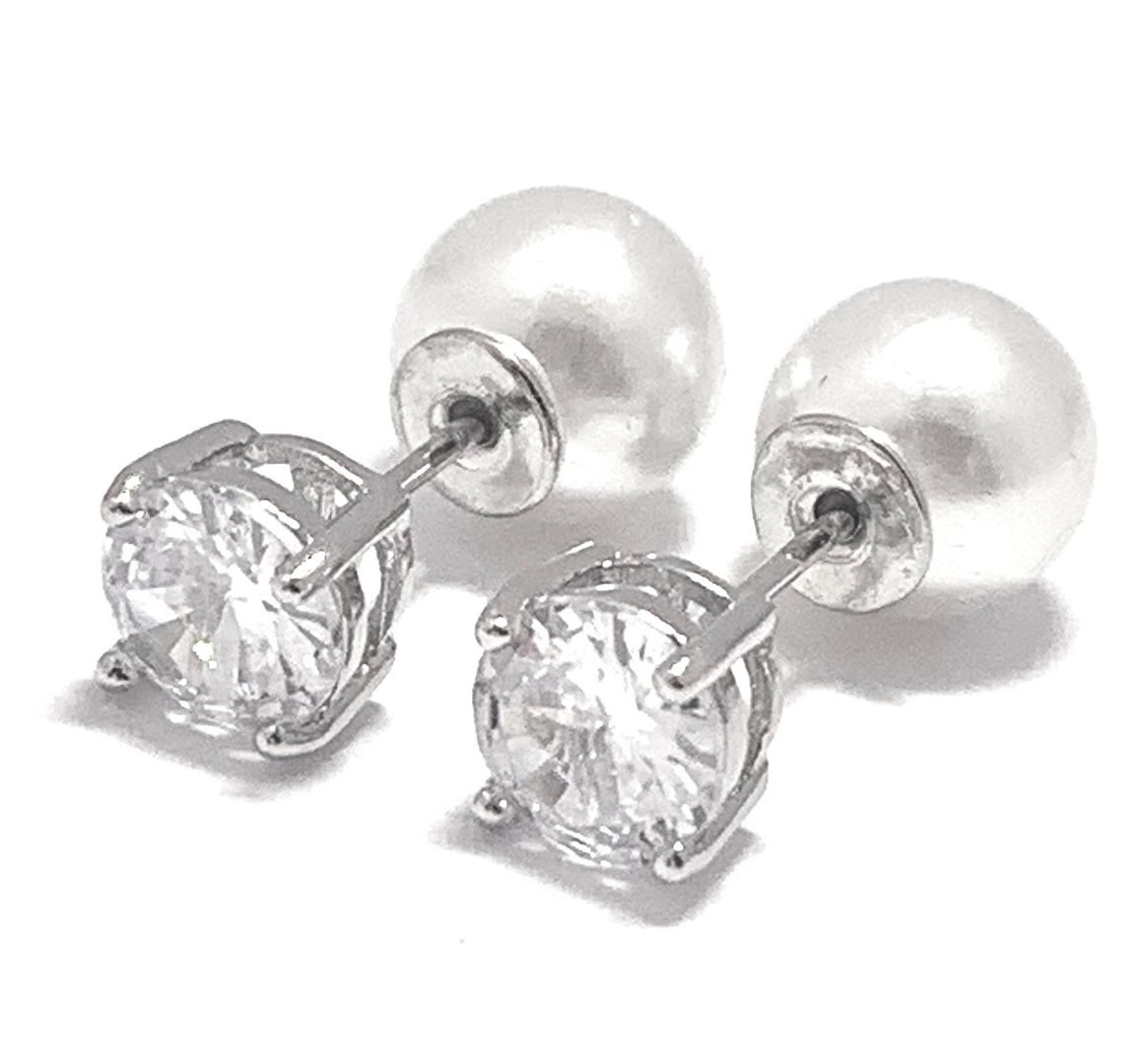 Reversible Design 2 IN 1 3.00ctw VVS-F Simulated Diamonds & Pearl Stud Earrings