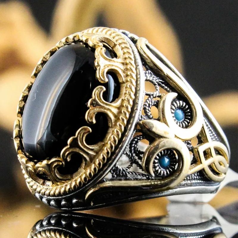 Special Design 18k Gold Overlay 10.00ctw Black Onyx & Turquoise Unisex Ring Size 10