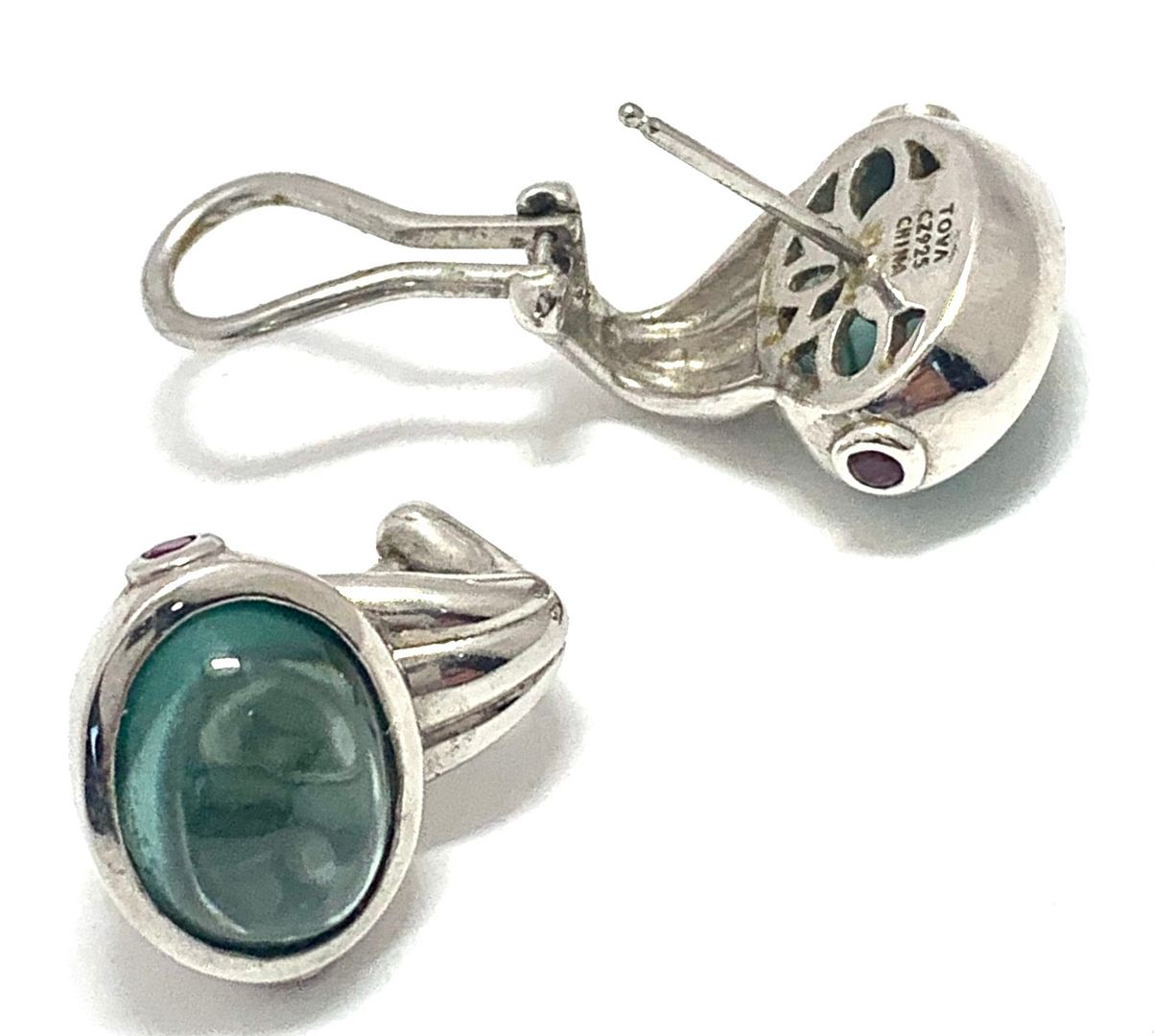 TOVA Designer .925 Sterling Silver Tourmaline & Ruby Omega Backs Earrings