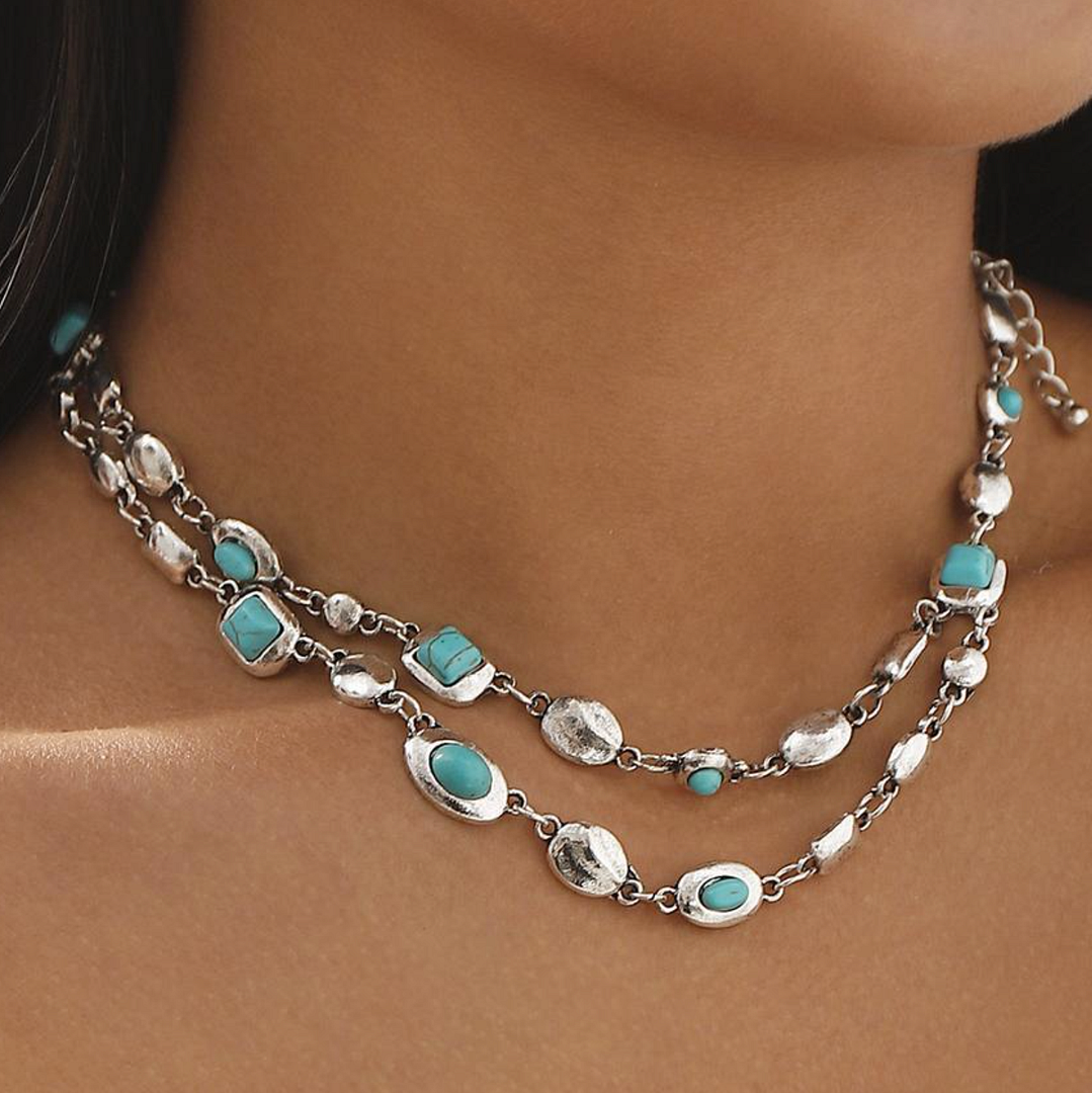 Turquoise & 18k White Gold Overlay Layering Necklace
