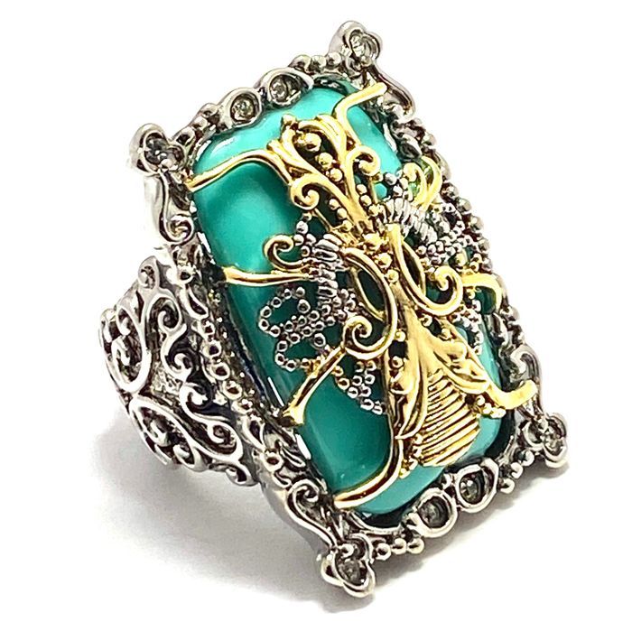 Two-Tone, Turquoise & White Zircon Ring sz6