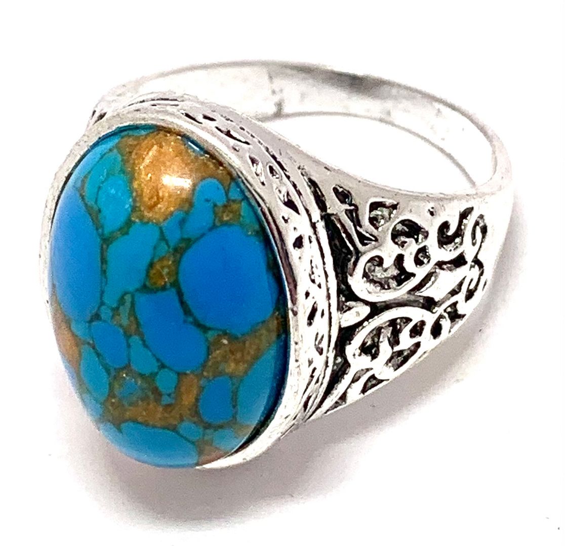 Unisex Blue Turquoise Ring | 18K White Gold Over | Vintage Statement Ring