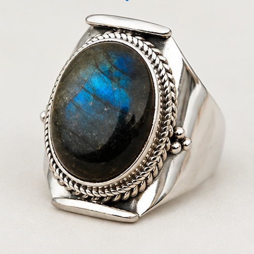 Unisex Labradorite Statement Ring 18k White Gold Ovr Size 10