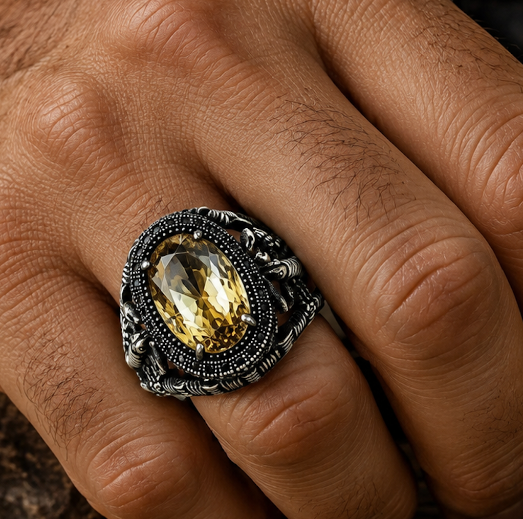 Unisex Scorpion Ring with Oval  Citrine | 18K White Gold Over  Statement Ring