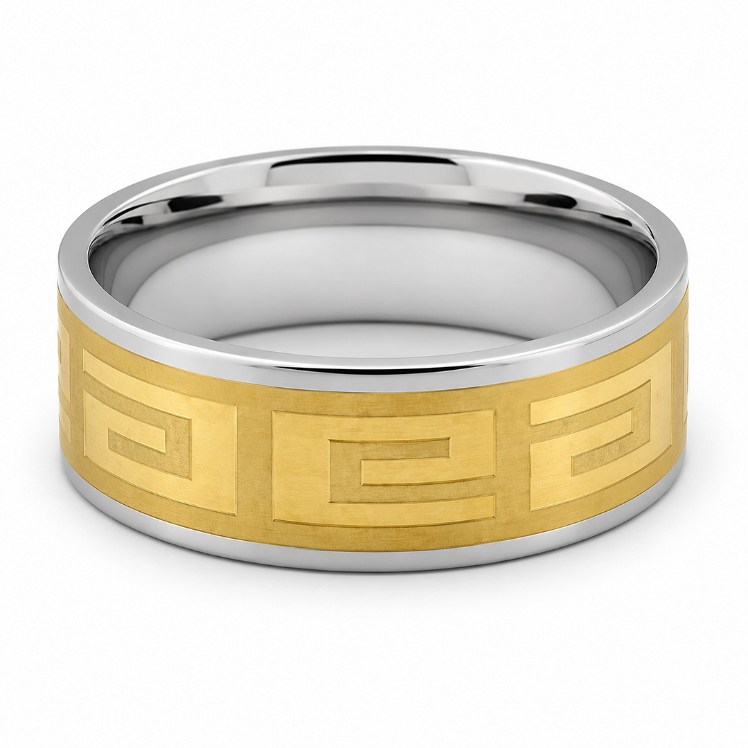 Unisex Two-Tone Stainless Steel Greek Ornament Ring Size 9