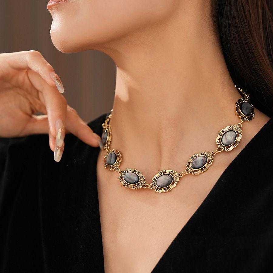 Vintage Design Filigree  Grey Mother of Pearl Necklace