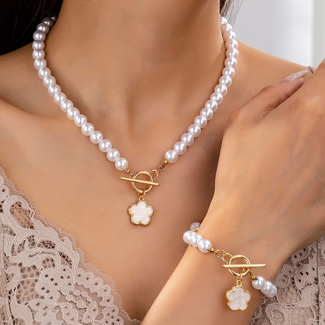 White Pearl Necklace & Bracelet Set  18K Gold Overlay