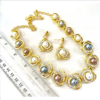 13 Multicolor Pearls & CZ Set Of Necklace & Earrings