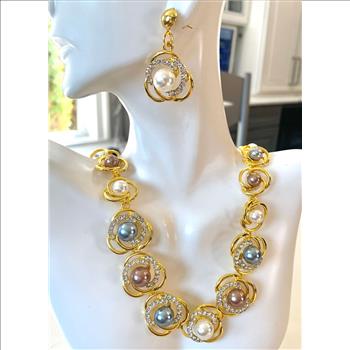 13 Multicolor Pearls & CZ Set Of Necklace & Earrings