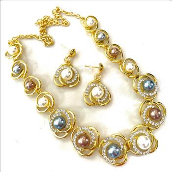 13 Multicolor Pearls & CZ Set Of Necklace & Earrings