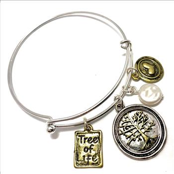 14k Two Tone Gold Over “Tree Of Life” Pearl Bangle Bracelet