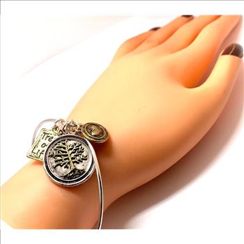 14k Two Tone Gold Over “Tree Of Life” Pearl Bangle Bracelet