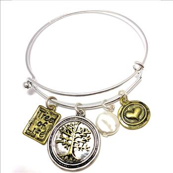 14k Two Tone Gold Over “Tree Of Life” Pearl Bangle Bracelet
