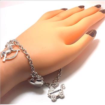 18k Gold & .925 Sterling Silver 0.05ctw Genuine Diamonds & 0.50ctw Genuine Sapphire Large Charm  Bracelet