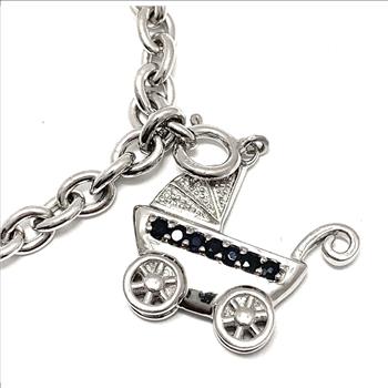 18k Gold & .925 Sterling Silver 0.05ctw Genuine Diamonds & 0.50ctw Genuine Sapphire Large Charm  Bracelet