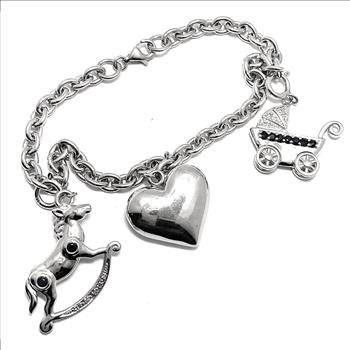 18k Gold & .925 Sterling Silver 0.05ctw Genuine Diamonds & 0.50ctw Genuine Sapphire Large Charm  Bracelet