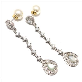 18k Gold & .925 Sterling Silver 1.00ctw Genuine Mother of Pearl, 0.50ctw Diamonique Diamond & 7mm Pearl Dangle Earrings