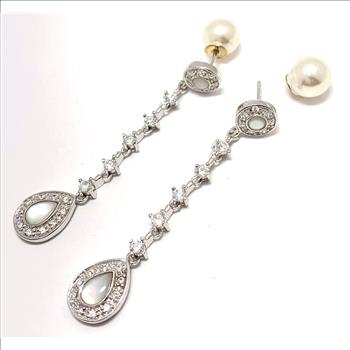 18k Gold & .925 Sterling Silver 1.00ctw Genuine Mother of Pearl, 0.50ctw Diamonique Diamond & 7mm Pearl Dangle Earrings