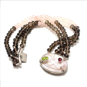 18k Gold & .925 Sterling Silver Genuine Mother Of Pearl Cameo, Genuine Smooky & Rose Quartz, Peridot & Garnet Large Bracelet