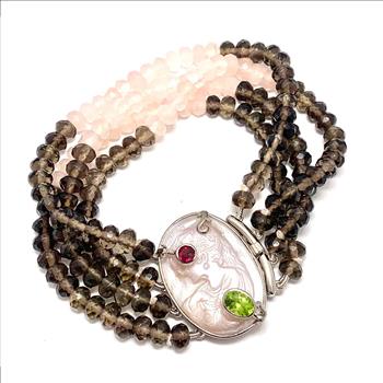 18k Gold & .925 Sterling Silver Genuine Mother Of Pearl Cameo, Genuine Smooky & Rose Quartz, Peridot & Garnet Large Bracelet