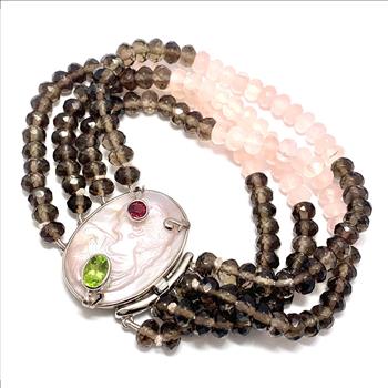 18k Gold & .925 Sterling Silver Genuine Mother Of Pearl Cameo, Genuine Smooky & Rose Quartz, Peridot & Garnet Large Bracelet